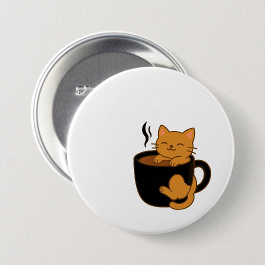Knop met Mooie Koffiekat – Kattenkop in een Mok Ronde Button 7,6 Cm (Voorkant /achterkant)