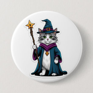 Knop Mini tovenaar kat met magische staf Ronde Button 7,6 Cm
