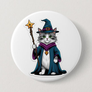 Knop Mini tovenaar kat met magische staf Ronde Button 7,6 Cm