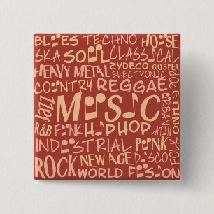 Knop Muziek Genres Word Collage Vierkante Button 5,1 Cm