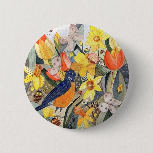 Knop Robin en narcissen Ronde Button 5,7 Cm (Voorkant)