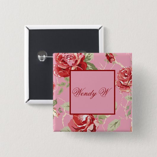 Knop rode rode rozenbloem vierkante button 5,1 cm (Voorkant /achterkant)