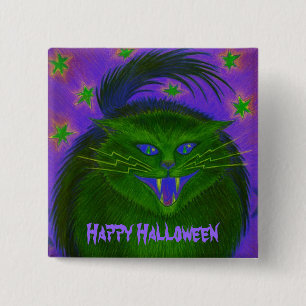 Knop Scary Cat Green "Happy Halloween" Vierkante Button 5,1 Cm