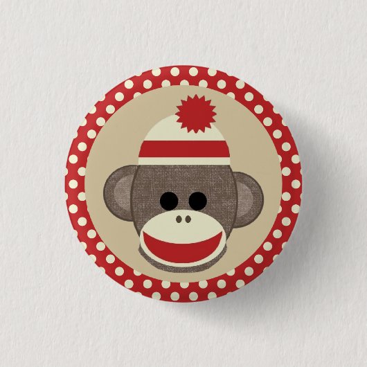Knop voor de ronde pen van Boy Sock Monkey Button 3,2 Cm (Voorkant)