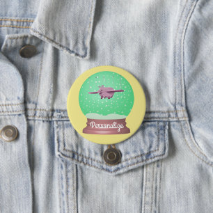 Knop wereldbol vliegende varkenssneeuw ronde button 7,6 cm