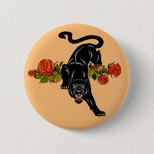 Knop Zwart panter en bloeiende rozen Ronde Button 5,7 Cm