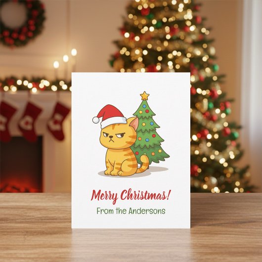Knorrig Tabby Kat Rode Hoed Kerstboom Briefkaart