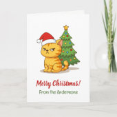 Knorrig Tabby Kat Rode Hoed Kerstboom Kaart (Voorkant)