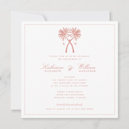 Knoted Palm Trees Monogram Beach Engagement Party Kaart (Voorkant)