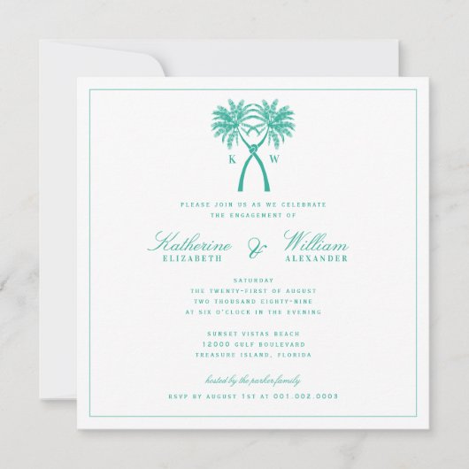 Knoted Palm Trees Monogram Beach Engagement Party Kaart (Voorkant)