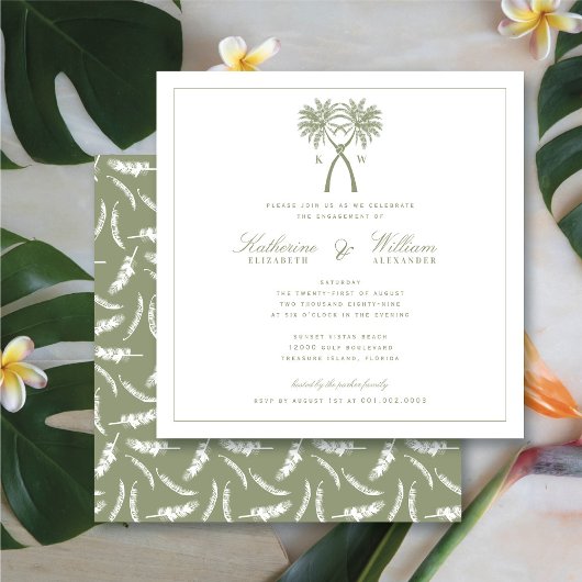 Knoted Palm Trees Monogram Beach Engagement Party Kaart