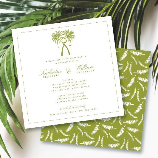 Knoted Palm Trees Monogram Beach Engagement Party Kaart