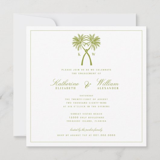 Knoted Palm Trees Monogram Beach Engagement Party Kaart (Voorkant)