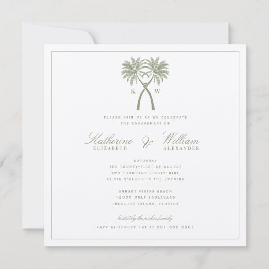 Knoted Palm Trees Monogram Beach Engagement Party Kaart (Voorkant)
