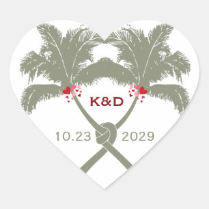 Knoted Palm Trees Red Love Tropical Beach Wedding Hart Sticker
