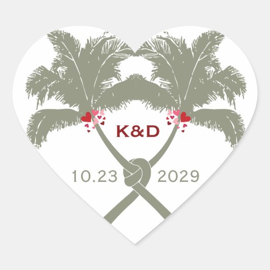 Knoted Palm Trees Red Love Tropical Beach Wedding Hart Sticker (Voorkant)