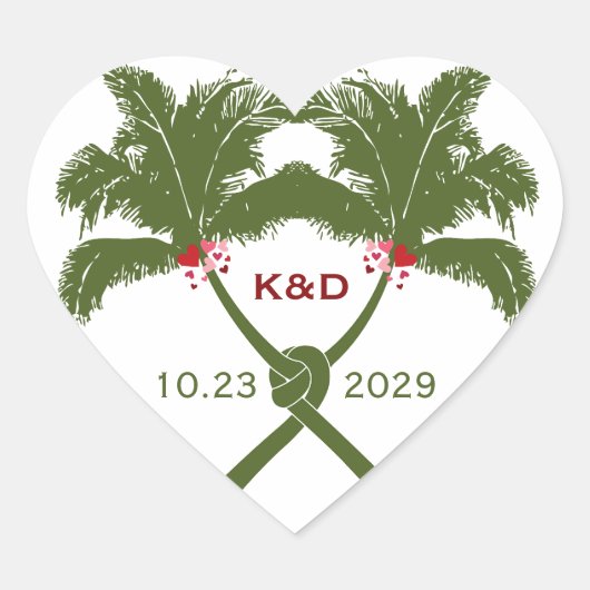Knoted Palm Trees Red Love Tropical Beach Wedding Hart Sticker (Voorkant)