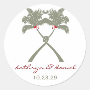 Knoted Palm Trees Red Love Tropical Beach Wedding Ronde Sticker