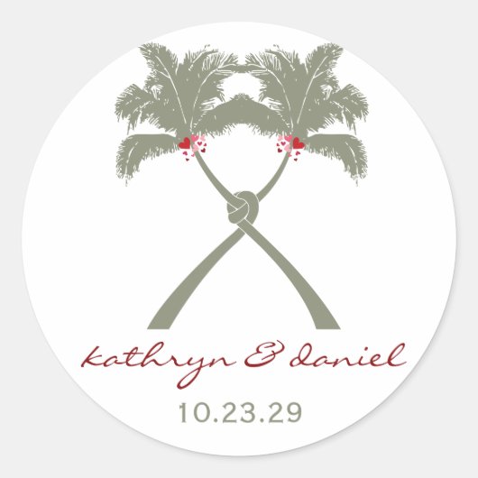 Knoted Palm Trees Red Love Tropical Beach Wedding Ronde Sticker (Voorkant)
