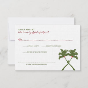 Knoted Palm Trees Red Love Tropical Beach Wedding RSVP Kaartje