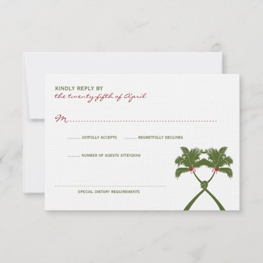 Knoted Palm Trees Red Love Tropical Beach Wedding RSVP Kaartje (Voorkant)