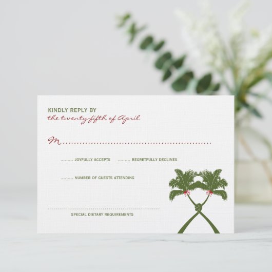 Knoted Palm Trees Red Love Tropical Beach Wedding RSVP Kaartje (Staand voorkant)