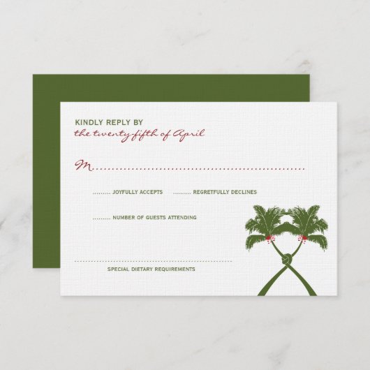 Knoted Palm Trees Red Love Tropical Beach Wedding RSVP Kaartje (Voorkant / Achterkant)