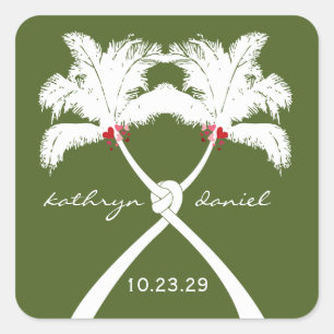 Knoted Palm Trees Red Love Tropical Beach Wedding Vierkante Sticker