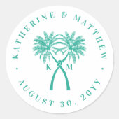 Knotige Palmbomen Tropische Bestemming Trouwen Ronde Sticker (Voorkant)