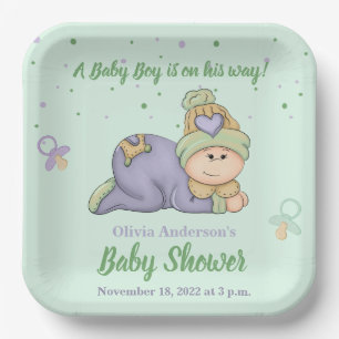 Knuffel Baby Jongen - Groene & Paarse Baby Shower  Papieren Bordje