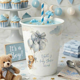 Knuffel Beer Blauwe Ballonnen Wolken Baby Jongen Papieren Bekers