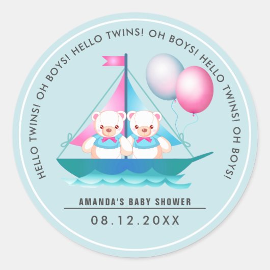 Knuffel Beer | Twin Boys Baby shower Favor Sticker (Voorkant)