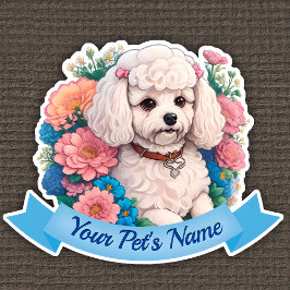Knuffel Bichon Frisé, roze & blauwe bloemen rond Sticker