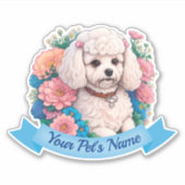 Knuffel Bichon Frisé, roze & blauwe bloemen rond Sticker (Voorkant)