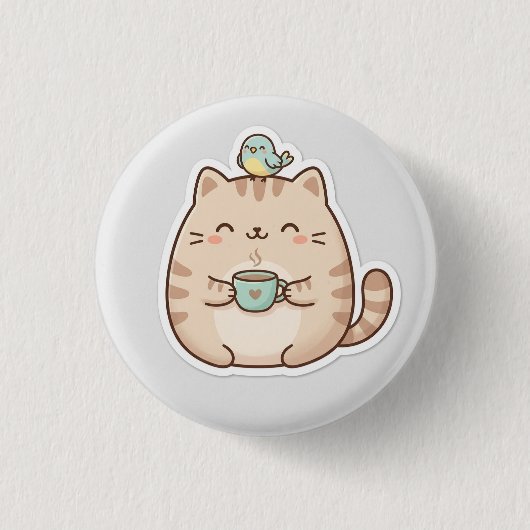 Knuffel Dikpoot Kat Koffie Ronde Button 3,2 Cm (Voorkant)