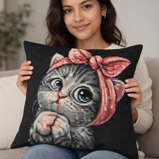 Knuffel Katje Strikkleurig Kruissteek Worp Kussen