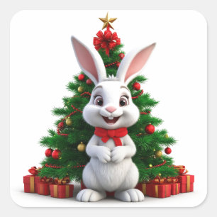 Knuffel Konijn in Kerstmuts bij Versierde Boom Vierkante Sticker