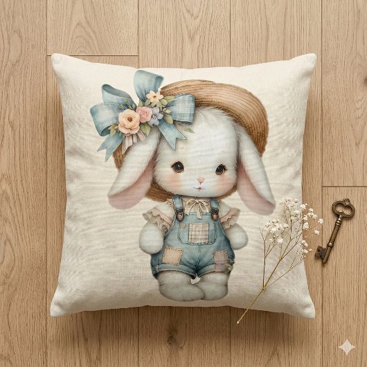 Knuffel Konijn in Overall met Strohoed & Strikdas Kussen