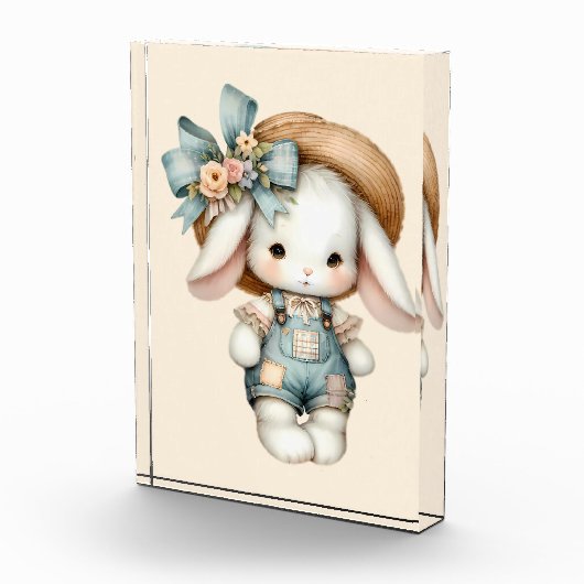 Knuffel Konijn in Overall met Strohoed & Strikje Fotoblokken (Rechts)