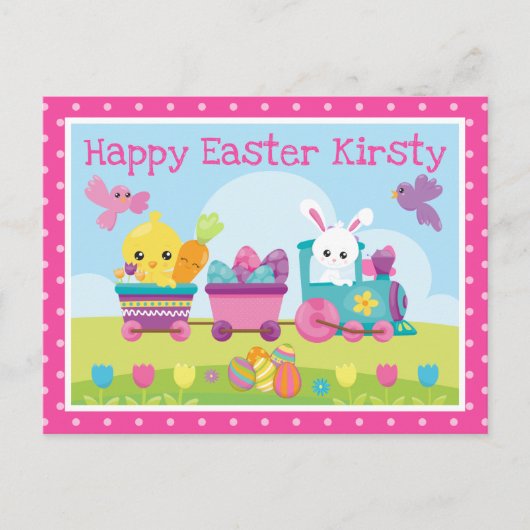 Knuffel Konijn, Kuiken & Chocolade Eieren Trein Pa Briefkaart (Voorkant)