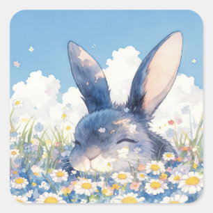 Knuffel Konijn Slaapt in Witte Madeliefjes Bloem Vierkante Sticker