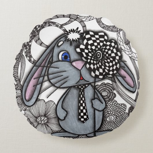 Knuffel Konijn Zen Doodle Ronde Kussen (Voorkant)