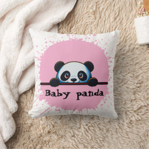 Knuffel kussen met baby panda en roze spatten
