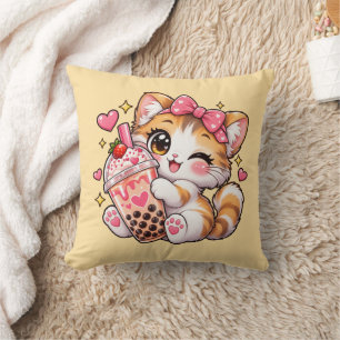 Knuffel Kussen Met Kawaii Kat Die Bubble Tea Vasth