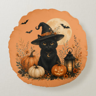 Knuffel met Zwart Kat Pompoen Halloween Rond Kussen