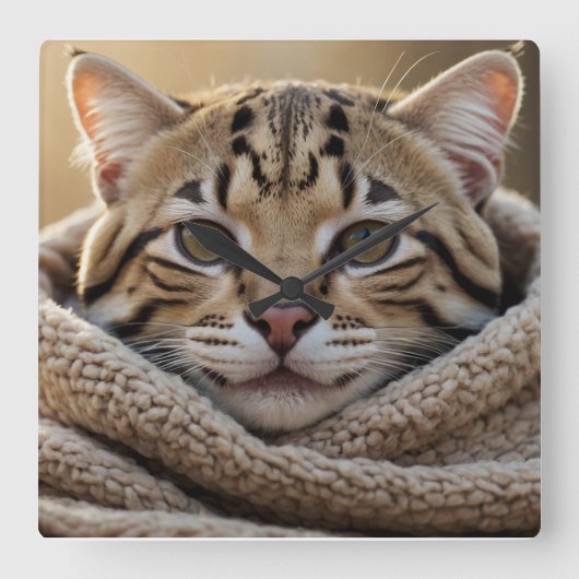 Knuffel Ocelot Kat en Deken Vierkante Klok (Voorkant)