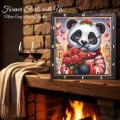 Knuffel Panda Winter Roos Vierkante Klok