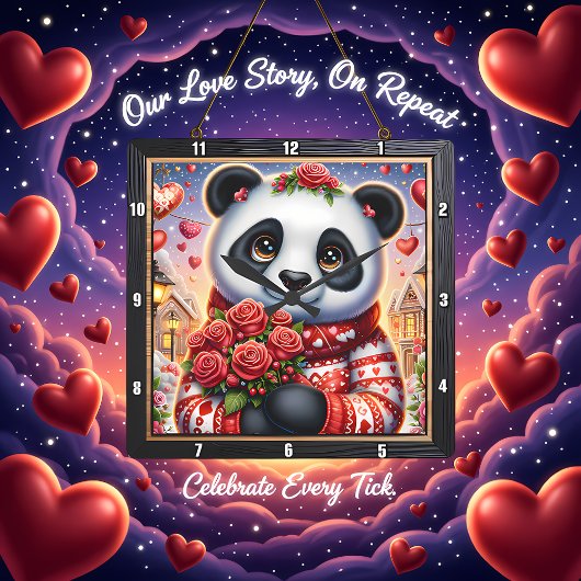 Knuffel Panda Winter Roos Vierkante Klok