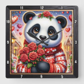 Knuffel Panda Winter Roos Vierkante Klok (Voorkant)