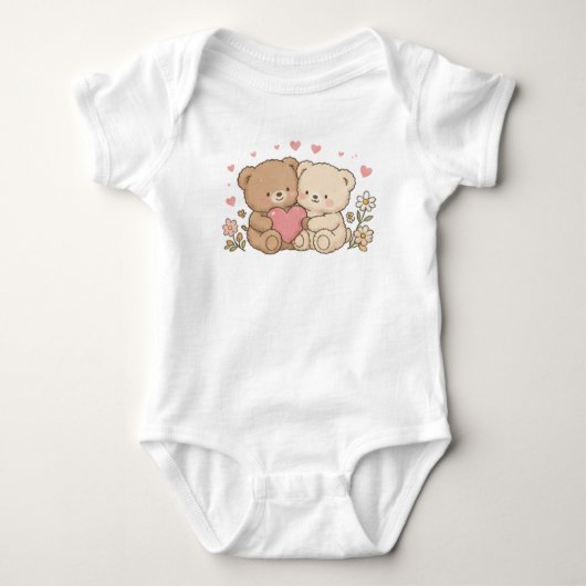 Knuffel Teddybeer Koppel met Hart Madeliefjes Bloe Romper (Voorkant)